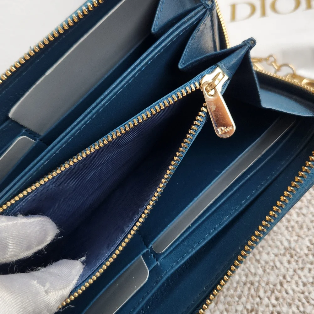 Dior Blue Quilted Leather Zip Key Pouch with Gold Charm